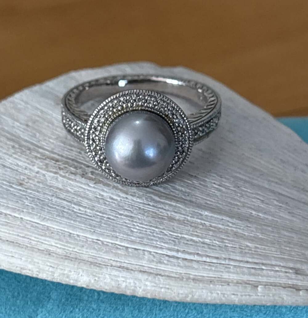 Affinity Diamonds Sterling Silver Grey Button Pearl 9.5mm Diamond Halo Ring Sz 9